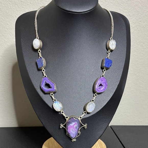 Jewelry - 925 Lapis Purple Quartz Druzy Iolite Biwa Pearl Gemstone Silver Necklace​